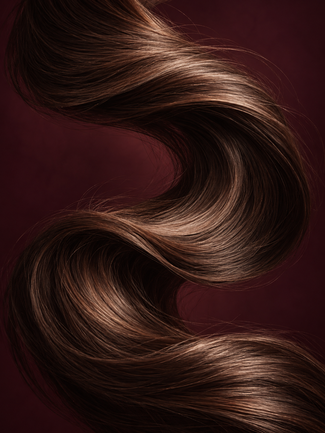 AI artwork of flowing chestnut hair against burgundy